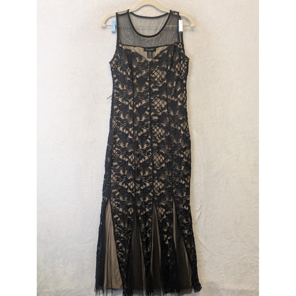 Candalite Women's Size S Black Lace Illusion Maxi Dress Gown Sparkle Nude Lining